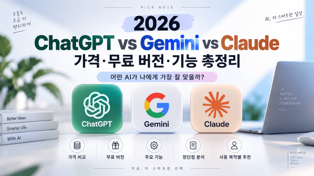 2026 ChatGPT vs Gemini vs Claude 비교｜가격·무료 버전·기능&nbsp;총정리